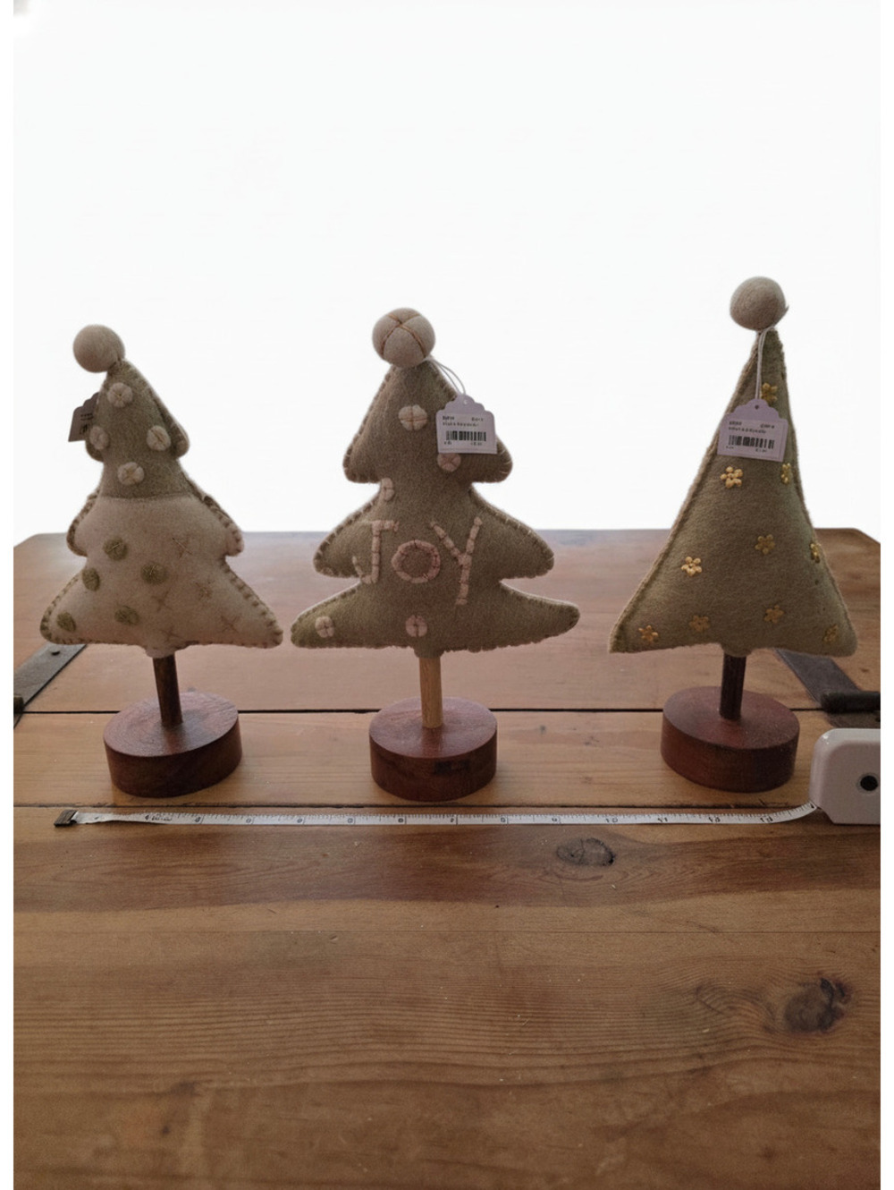 Set of 3 Decorative Felt Christmas Trees on Wooden Bases
